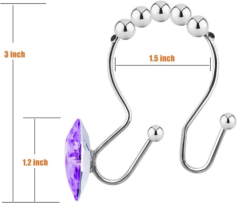 Yapicoco Shower Curtain Hooks Rings for Bathroom, 12PCS Heart Stainless Steel Rust Resistant Decorative Rhinestones Shower Curtain Rings Hangers for Shower Curtains (Double Hook Purple) - Image 2